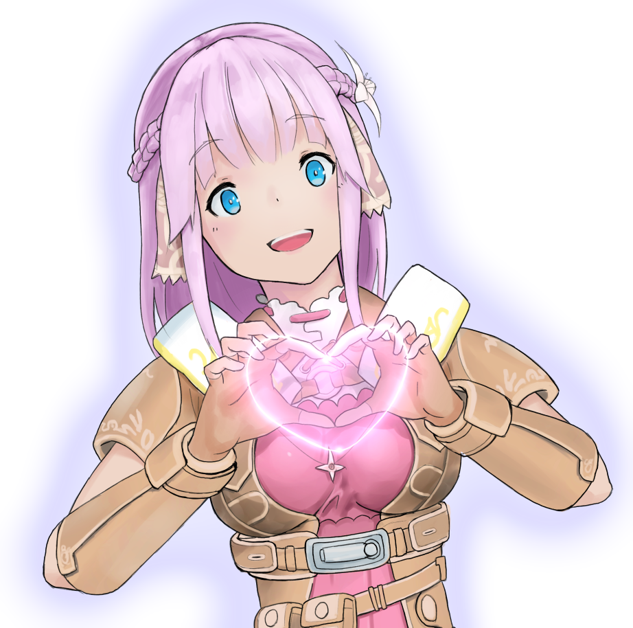 1girl armor blue_eyes breasts commentary heart miki_sauvester open_mouth pink_hair short_hair smile solo star_ocean star_ocean_integrity_and_faithlessness