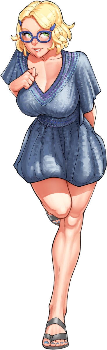 1girl bangs bbc-chan blonde_hair blue-framed_eyewear blue_dress breasts buck_teeth cleavage commentary dress english_commentary eroge forehead full_body green_eyes hair_ornament hair_pulled_back hairclip highres large_breasts lea_(sylvia) looking_up nose parted_bangs sandals short_hair solo standing standing_on_one_leg sundress sylvia_(game) toenail_polish transparent_background visual_novel