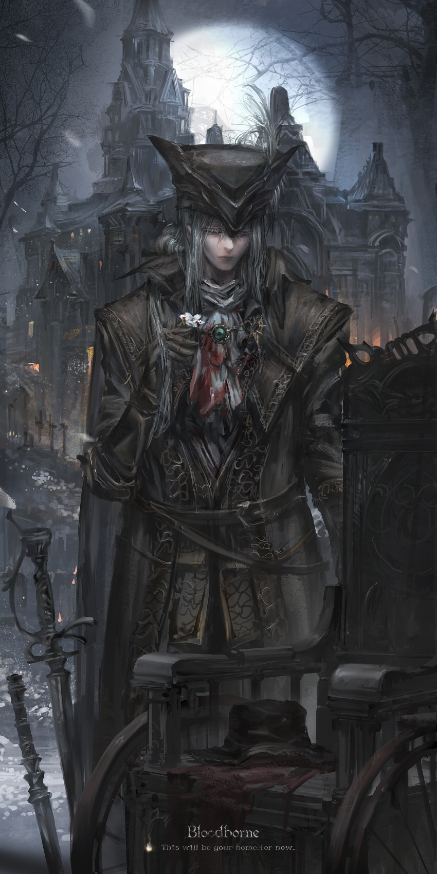 1girl ascot belt blood bloodborne coat flower full_moon hat hat_feather highres lady_maria_of_the_astral_clocktower moon night night_sky ponytail rakuyo_(bloodborne) silver_hair sky solo stu_dts the_old_hunters tricorne wheelchair