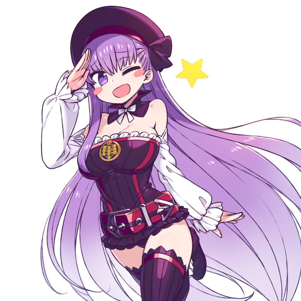 1girl ;d arm_at_side arm_up bare_shoulders bb_(fate/extra_ccc) blush_stickers breasts chan_co cleavage commentary_request cosplay detached_collar detached_sleeves dress eyebrows_visible_through_hair fate/grand_order fate_(series) hat helena_blavatsky_(fate/grand_order) helena_blavatsky_(fate/grand_order)_(cosplay) large_breasts leg_up long_hair long_sleeves looking_at_viewer one_eye_closed open_mouth purple_dress purple_hair purple_legwear salute short_dress simple_background sleeves_past_wrists smile solo star thigh-highs very_long_hair violet_eyes