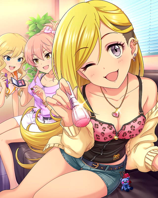 3girls belt blonde_hair blue_eyes bracelet earrings fujimoto_rina grey_eyes idolmaster idolmaster_cinderella_girls jewelry jougasaki_mika long_hair multiple_girls nail_polish necklace official_art one_eye_closed ootsuki_yui pink_hair pink_nails yellow_eyes