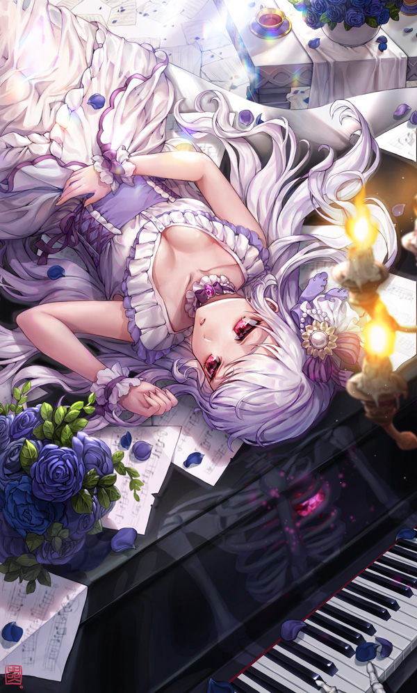 1girl 1other artist_logo beads blue_flower blue_rose blurry box_(hotpppink) breasts candle choker cleavage collarbone commentary corset cup depth_of_field dress english_commentary expressionless fingernails flower frilled_choker frills from_above gem glowing grand_piano hair_ribbon half-closed_eyes hand_on_own_stomach heart instrument long_dress long_hair looking_away looking_to_the_side lying medium_breasts music neck_ribbon on_back original out_of_frame paper parted_lips petals piano pink_eyes pink_ribbon plant playing_instrument potted_plant purple_ribbon reflection refraction ribbon rose saucer sheet_music skeleton sleeveless sleeveless_dress solo_focus striped striped_ribbon table tablecloth very_long_hair white_choker white_dress white_hair wrist_cuffs