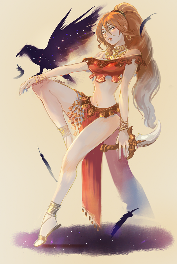 1boy 1girl anklet armlet armpits bracelet breasts brown_hair circlet dancer e_f_regan826 earrings full_body harem_outfit jewelry knife long_hair looking_at_viewer midriff navel necklace octopath_traveler primrose_azelhart simple_background solo weapon