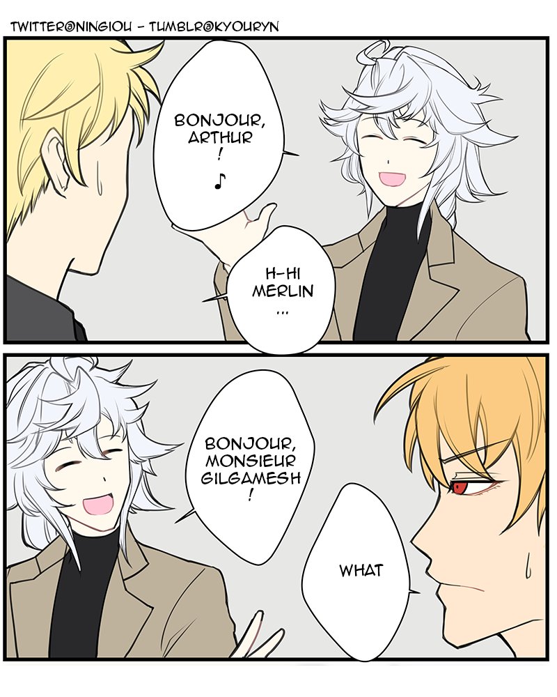 2koma 3boys arthur_pendragon_(fate) bangs blonde_hair closed_eyes colored comic commentary english english_commentary fate/grand_order fate_(series) french gilgamesh grey_background hair_between_eyes kyou_(ningiou) merlin_(fate) multiple_boys open_mouth red_eyes short_hair speech_bubble sweatdrop the_office twitter_username white_hair