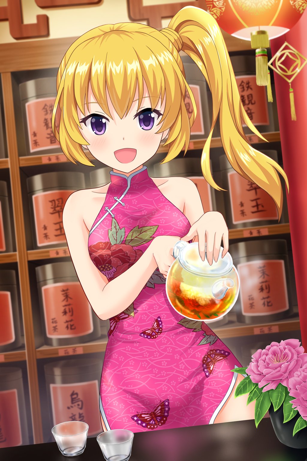 1girl alternative_girls animal_print bangs bare_shoulders blonde_hair blush breasts butterfly_print china_dress chinese_clothes collarbone cup dress drinking_glass floral_print flower flower_pot glass highres holding_teapot indoors lantern long_hair looking_at_viewer medium_breasts mizushima_airi official_art open_mouth paper_lantern pink_dress pink_flower plant potted_plant shot_glass side_ponytail sleeveless sleeveless_dress smile standing tea teapot violet_eyes