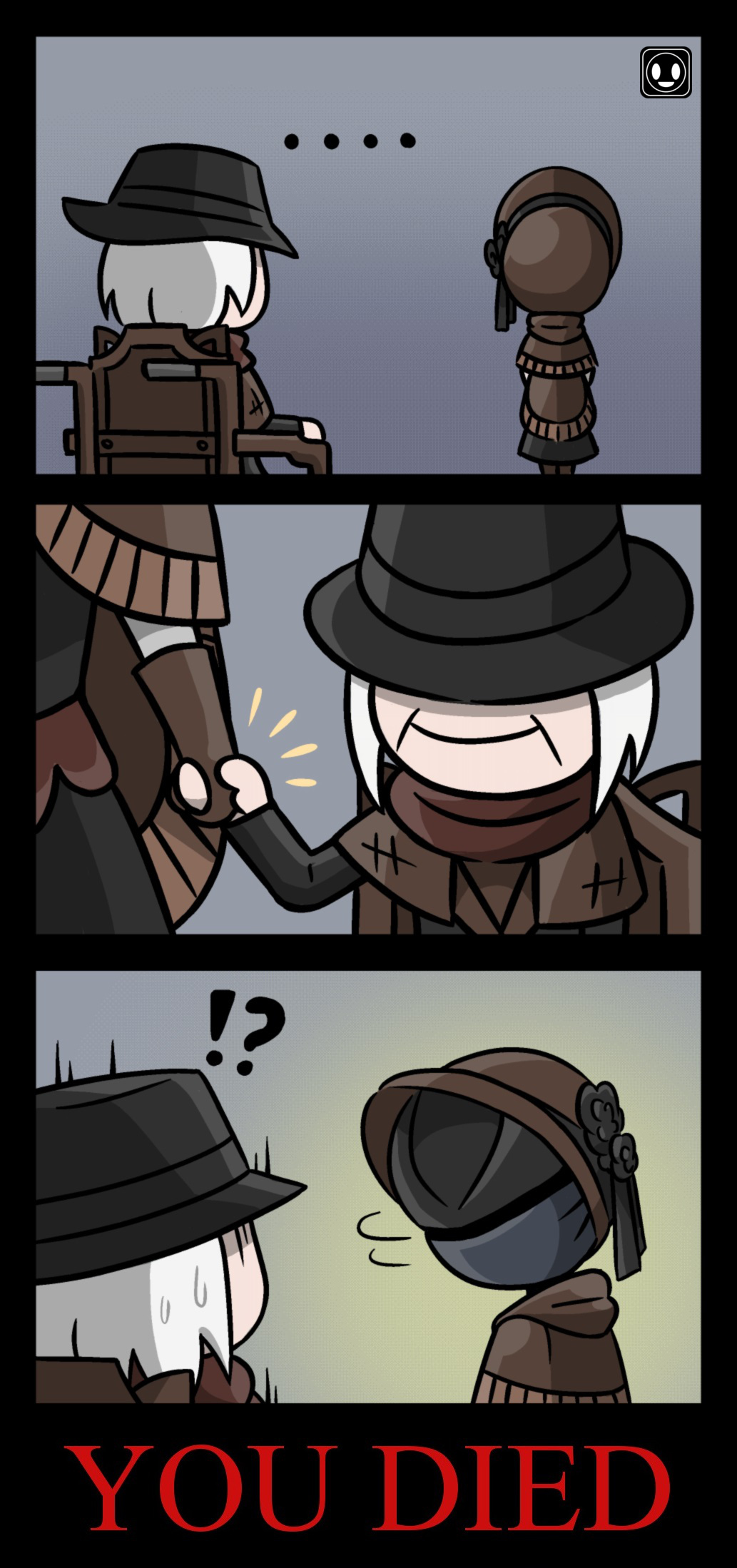 !? ... 2boys 3koma alternate_costume bloodborne bonnet colored comic commentary english english_commentary gehrman_the_first_hunter gloves hat highres hunter_(bloodborne) lee-sanixay multiple_boys plain_doll scarf silent_comic sitting smile sweatdrop top_hat tug wheelchair white_hair