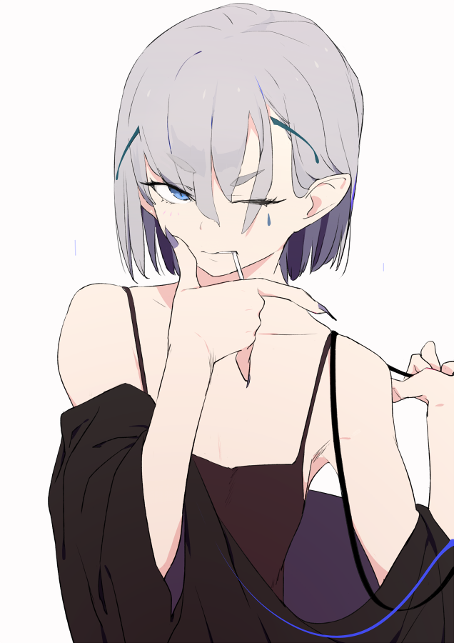 1girl antennae bare_shoulders blue_eyes camisole fingernails grey_hair looking_at_viewer nail_polish off_shoulder one_eye_closed original purple_nails sharp_fingernails short_hair simple_background sohin solo white_background
