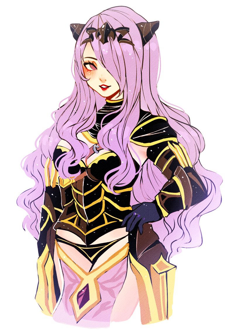 1girl armor breasts camilla_(fire_emblem_if) cleavage fire_emblem fire_emblem_if gloves hair_over_one_eye horns large_breasts long_hair looking_at_viewer purple_hair smile solo violet_eyes wavy_hair