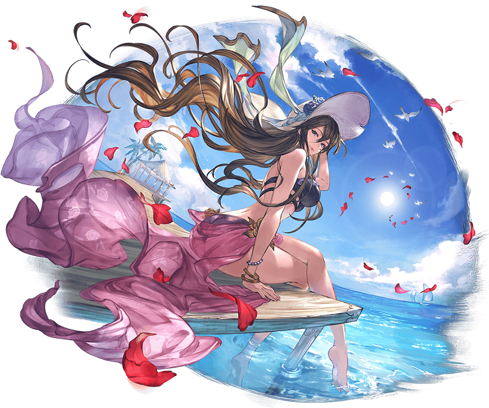 1girl ass bangs bare_legs bare_shoulders barefoot bikini bird bracelet breasts brown_hair closed_mouth clouds cloudy_sky day floral_print granblue_fantasy hat jewelry large_breasts legs_crossed lips long_hair looking_at_viewer looking_back minaba_hideo nail_polish ocean official_art outdoors palm_tree petals purple_bikini rosetta_(granblue_fantasy) sarong seagull see-through sitting sky solo sun sun_hat sunlight swimsuit transparent_background tree very_long_hair violet_eyes water