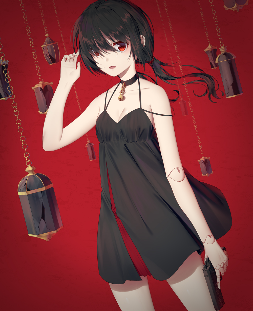 1girl :d arm_at_side arm_up bangs bell black_choker black_dress black_hair chains choker collarbone commentary_request doll_joints dress dutch_angle fingernails gun hair_over_one_eye handgun highres holding holding_gun holding_weapon ji_dao_ji jingle_bell long_hair looking_at_viewer low_ponytail open_mouth original pleated_dress ponytail red_eyes short_dress sleeveless sleeveless_dress smile solo weapon weapon_request