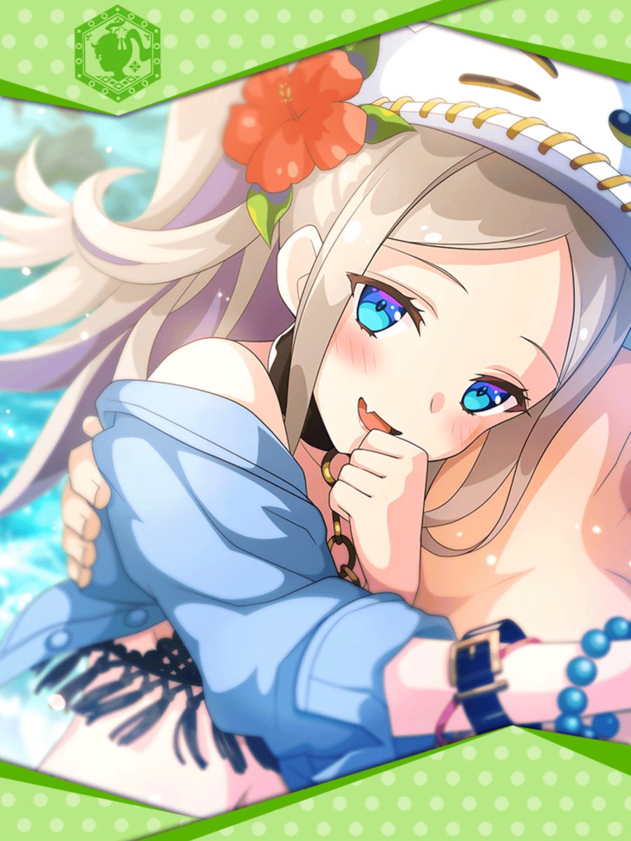 1girl artist_request bead_bracelet beads belt_bracelet black_swimsuit blonde_hair blue_eyes blush bracelet carrying collar flower framed_image hair_flower hair_ornament hand_to_own_mouth hat highres jacket jewelry naegling official_art phantom_of_the_kill swimsuit white_hat