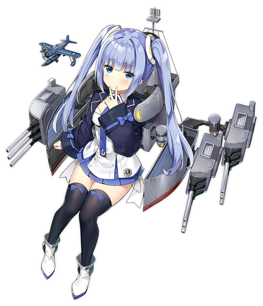 1girl anchor_symbol azur_lane black_legwear blue_eyes blue_hair breasts full_body hair_ornament long_hair long_sleeves looking_at_viewer official_art sky_(freedom) solo thigh-highs transparent_background turret twintails vincennes_(azur_lane)