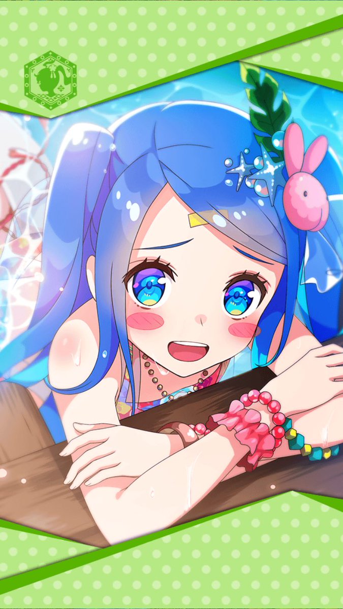 1girl artist_request bandaid bandaid_on_forehead bead_bracelet bead_necklace beads blue_eyes blue_hair blush_stickers bracelet bunny_hair_ornament crossed_arms framed_image hair_ornament highres jewelry necklace official_art phantom_of_the_kill swimsuit trident_(phantom_of_the_kill) twintails water