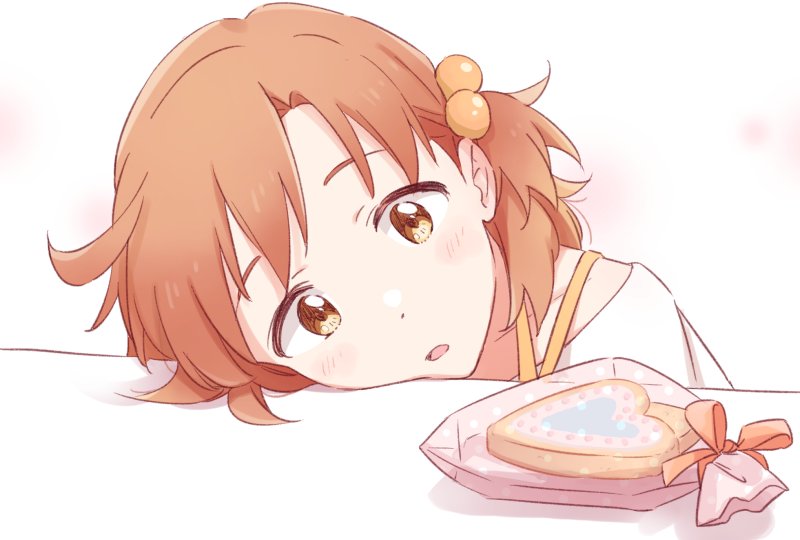 1girl bag brown_eyes cookie demirinz food hair_bobbles hair_ornament idolmaster idolmaster_million_live! light_blush open_mouth orange_hair short_hair solo upper_body yabuki_kana