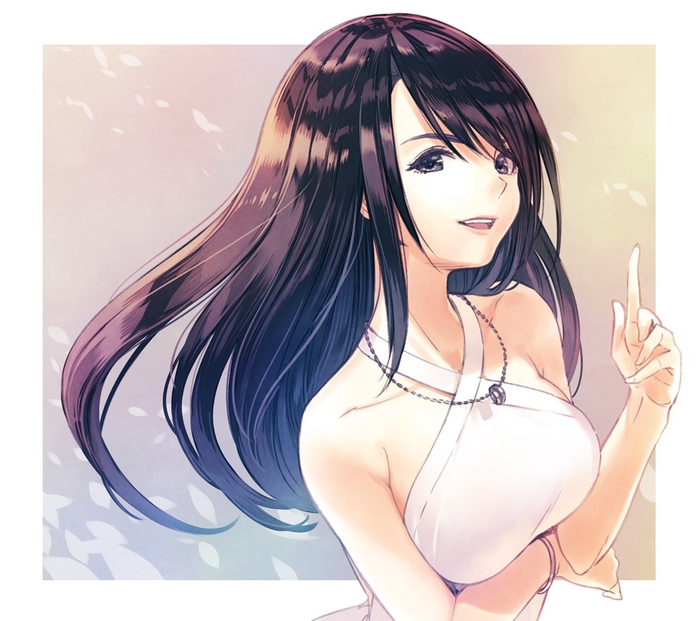 1girl :d bangs bare_shoulders black_hair bracelet collarbone dress female final_fantasy final_fantasy_viii grey_eyes hair_between_eyes hirano_katsuyuki index_finger_raised jewelry long_hair looking_at_viewer necklace open_mouth rinoa_heartilly sleeveless smile solo straight_hair teeth upper_body upper_teeth white_dress