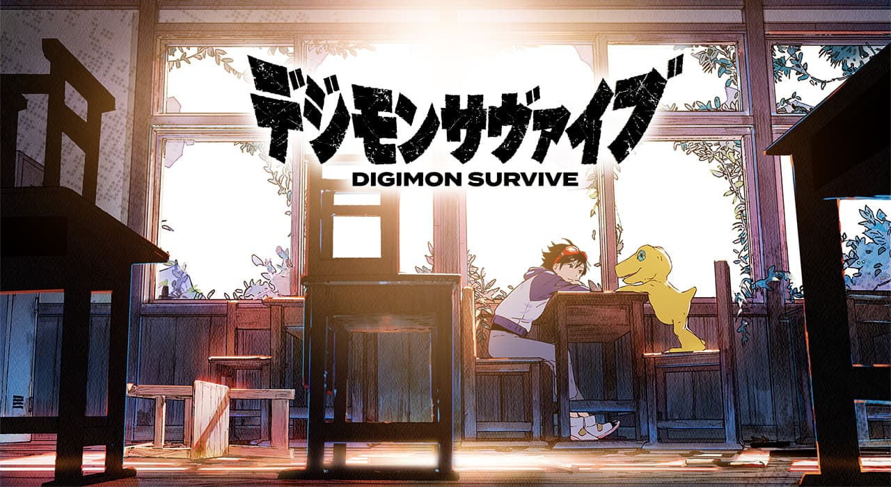 1boy agumon black_eyes black_hair black_shirt blue_jacket broken_window chair classroom claws creature day desk digimon digimon_survive goggles goggles_on_head green_eyes grey_pants hood hooded_jacket indoors jacket key_visual logo looking_at_another momotsuka_takuma official_art pants red-framed_eyewear school_chair school_desk shirt shoes sitting smile sneakers standing_on_chair sunlight tail ukumo_uichi white_footwear white_jacket