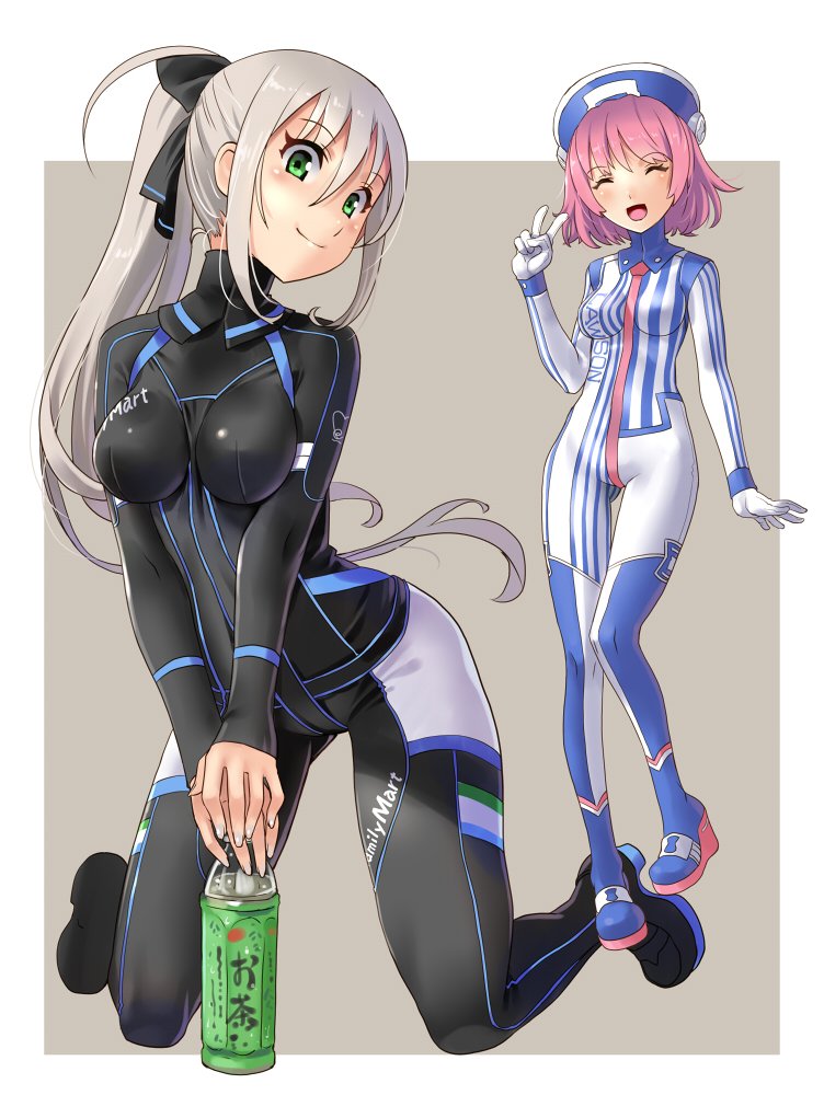 2girls adapted_costume black_bodysuit blue_hat bodysuit bottle closed_eyes commentary_request employee_uniform familymart full_body green_eyes grey_background hat katahira_masashi lawson long_hair multiple_girls open_mouth original pink_hair ponytail short_hair silver_hair sitting smile standing striped_bodysuit two-tone_background uniform v wariza white_background white_bodysuit