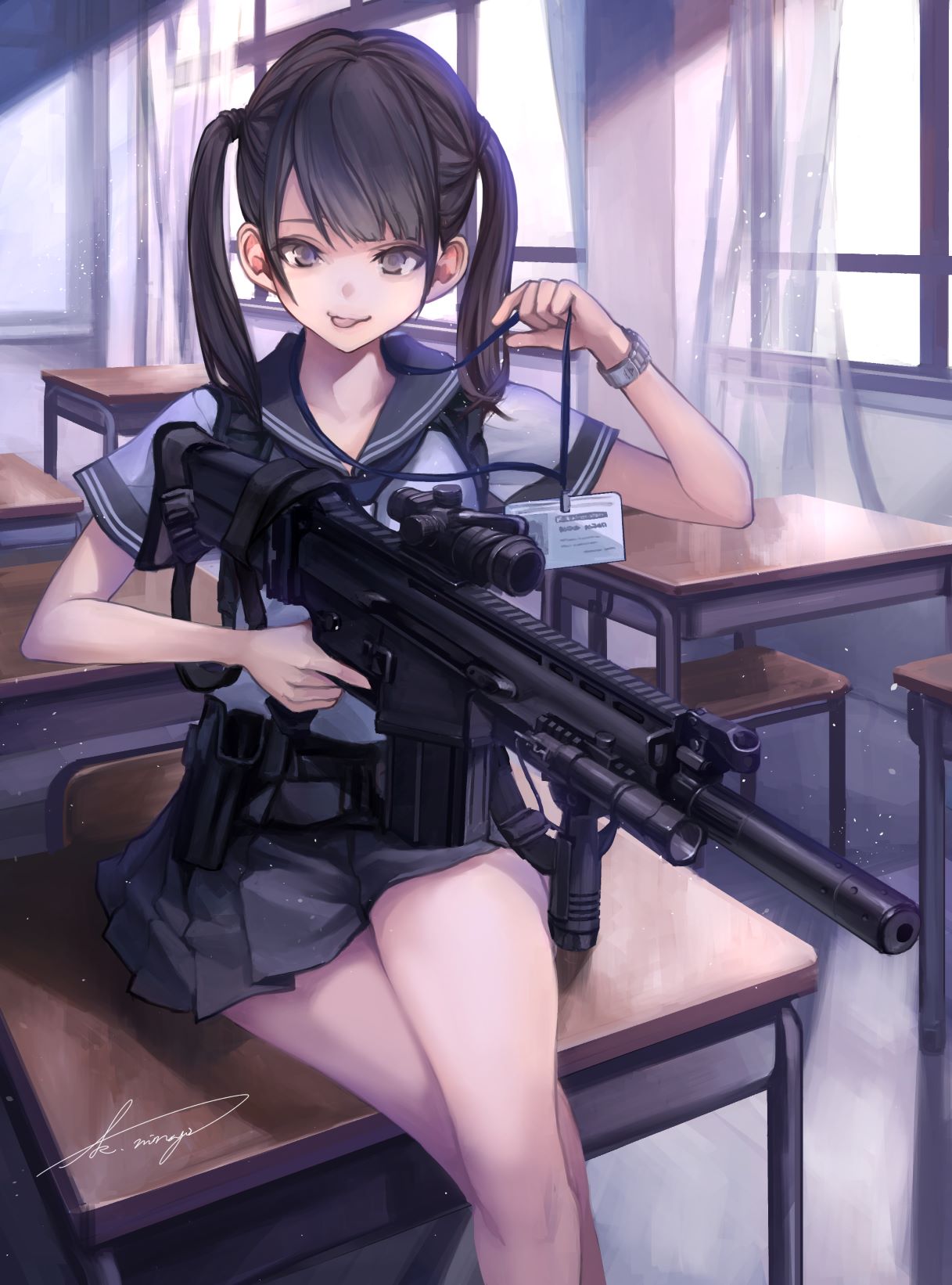 1girl :p assault_rifle black_hair brown_eyes classroom curtains desk fn_scar gun highres holding holding_gun holding_weapon id_card indoors koh_(minagi_kou) legs_crossed long_hair looking_at_viewer on_desk original rifle school_desk school_uniform serafuku signature sitting solo tongue tongue_out twintails watch watch weapon window