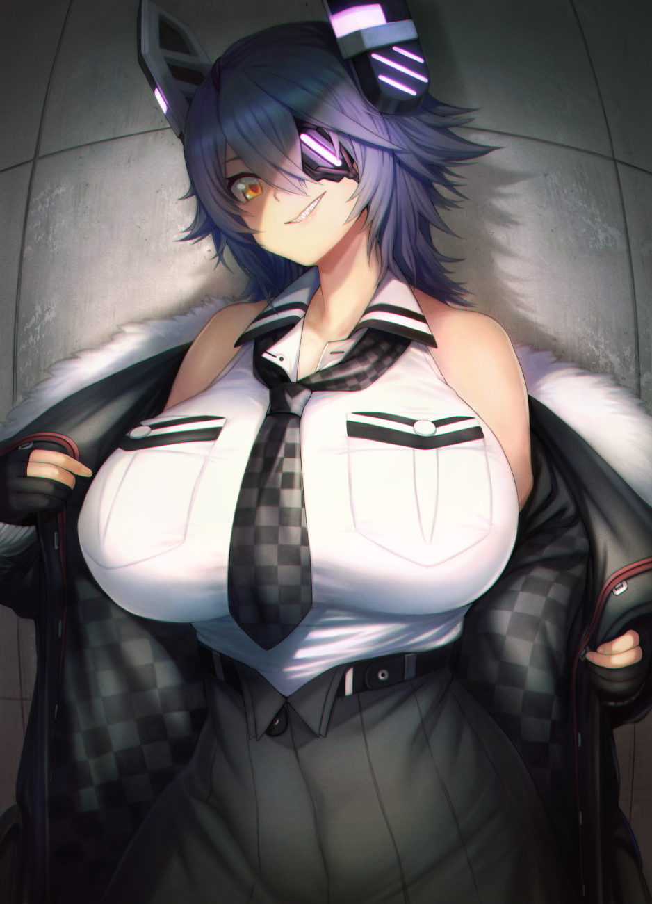 1girl bajima_shouhei bare_shoulders belt black_gloves breasts checkered checkered_neckwear commentary_request eyepatch fur-trimmed_jacket fur_trim gloves glowing grin headgear high-waist_skirt highres huge_breasts jacket kantai_collection looking_at_viewer necktie open_clothes open_jacket parted_lips partly_fingerless_gloves purple_hair sharp_teeth shiny shiny_hair shiny_skin short_hair skirt smile solo teeth tenryuu_(kantai_collection) upper_body yellow_eyes