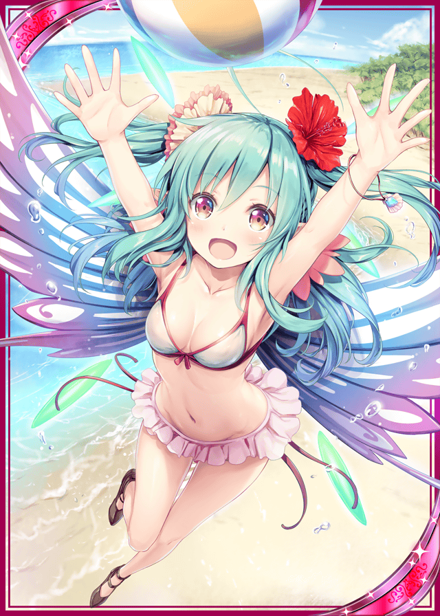 1girl :d akkijin armpits ball beach beachball bikini blue_hair breasts card_(medium) fairy fairy_wings flower hair_flower hair_ornament hands_up medium_breasts ocean official_art open_mouth pixie_servant_(shinkai_no_valkyrie) red_eyes shell shinkai_no_valkyrie smile swimsuit wings