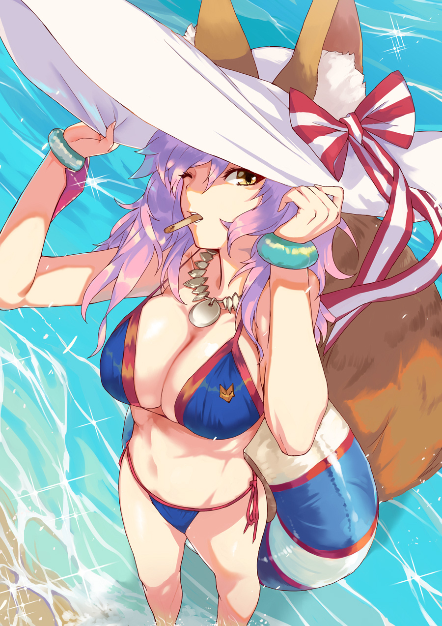 1girl animal_ears beach bell bell_collar bikini blue_bikini breasts cleavage collar commentary_request ears_through_headwear fate/extra fate/grand_order fate_(series) food food_in_mouth fox_ears fox_tail from_above hat highres innertube large_breasts ohland pink_hair popsicle side-tie_bikini solo sun_hat swimsuit tail tamamo_(fate)_(all) tamamo_no_mae_(fate) tamamo_no_mae_(swimsuit_lancer)_(fate) water waves yellow_eyes