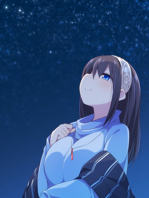 1girl bangs blue_eyes blue_sweater blush breasts brown_hair closed_mouth commentary_request eyebrows_visible_through_hair hair_between_eyes hairband hand_up idolmaster idolmaster_cinderella_girls jewelry long_hair long_sleeves looking_away looking_up medium_breasts night night_sky pendant profile sagisawa_fumika shawl sky smile solo star_(sky) starry_sky sweater ushi white_hairband