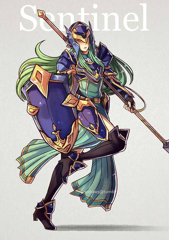 1girl armor breastplate fire_emblem fire_emblem:_akatsuki_no_megami fire_emblem:_souen_no_kiseki green_eyes green_hair grey_background gzei helm helmet high_heels holding holding_spear holding_weapon long_hair looking_at_viewer nephenee pauldrons polearm simple_background skirt solo spear thigh-highs weapon