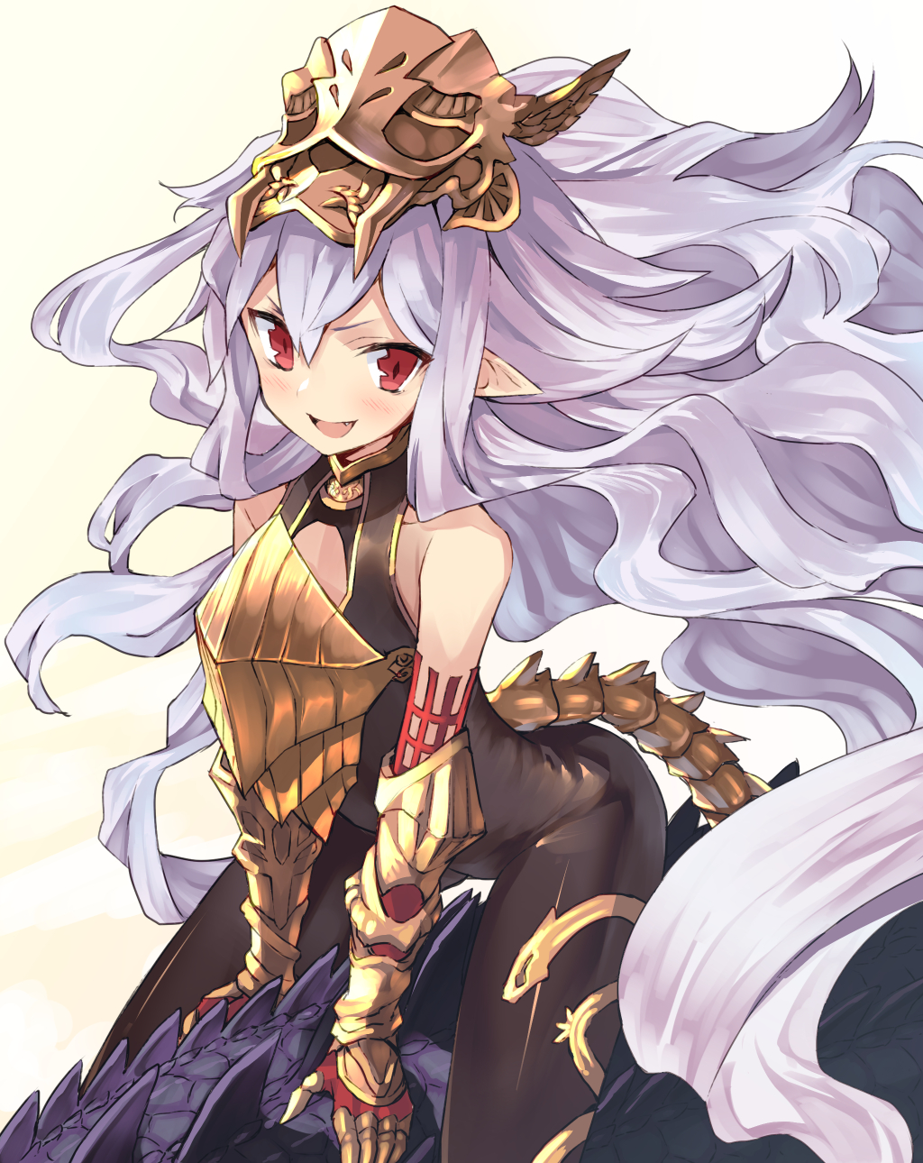 1girl :d armor bangs bare_shoulders big_hair black_bodysuit blush bodysuit commentary_request fang gauntlets granblue_fantasy hair_between_eyes highres long_hair looking_at_viewer mask mask_on_head medusa_(shingeki_no_bahamut) nuqura open_mouth red_eyes riding scales shingeki_no_bahamut silver_hair smile solo tail v-shaped_eyebrows very_long_hair
