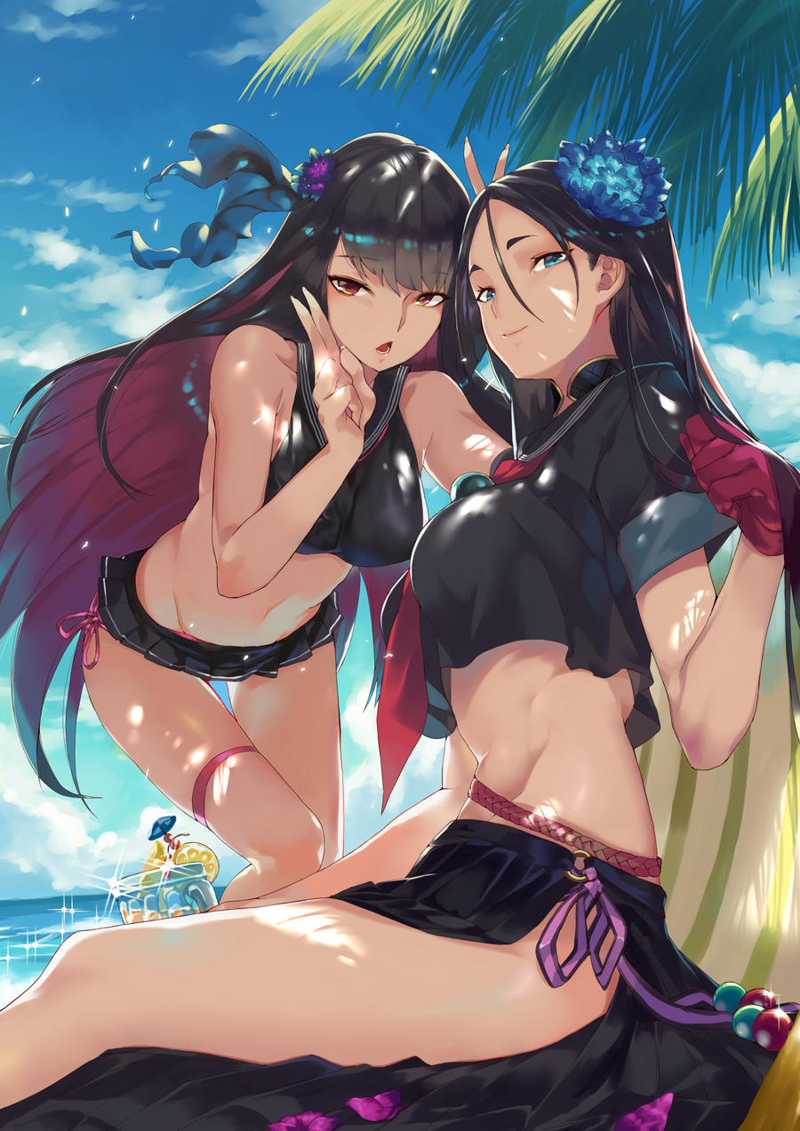 2girls :o bare_shoulders beach black_hair blue_eyes blue_sky breasts cup drinking_glass fate/grand_order fate_(series) flower hair_flower hair_ornament highres long_hair looking_at_viewer midriff minamoto_no_raikou_(swimsuit_lancer)_(fate) multiple_girls navel ohland one_eye_closed open_mouth oryou_(fate) palm_tree pleated_skirt red_eyes sailor_collar school_uniform serafuku skirt sky smile thigh-highs tree v