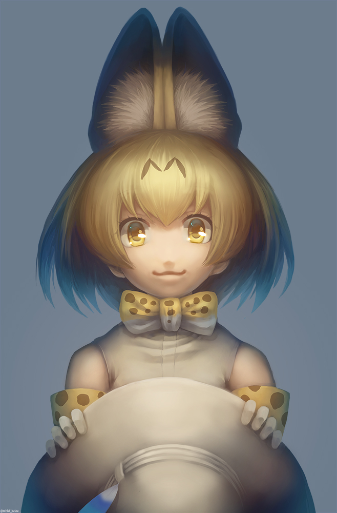 1girl animal_ears blonde_hair elbow_gloves gloves grey_background hat inukoro_(spa) kemono_friends looking_at_viewer neck_ribbon ribbon serval_(kemono_friends) serval_ears serval_print short_hair sleeveless smile solo upper_body yellow_eyes