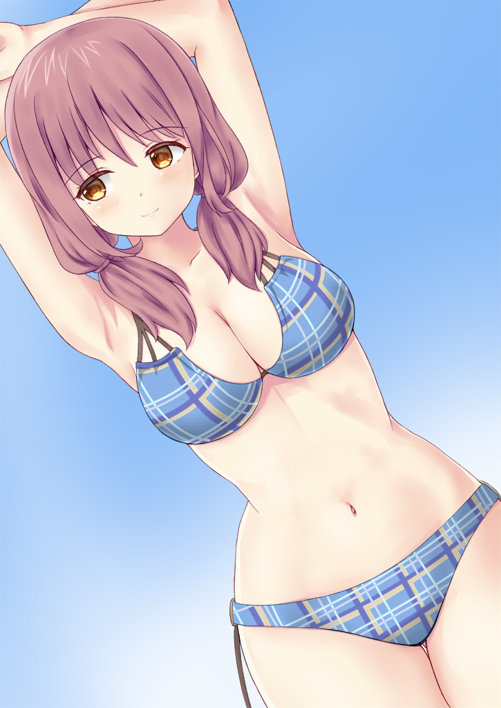 1girl arms_up bikini blue_sky blush breasts cleavage dutch_angle eyebrows_visible_through_hair groin harukana_receive hips large_breasts light_smile looking_to_the_side menonune navel oozora_haruka_(harukana_receive) plaid plaid_bikini sky solo swimsuit white_cloak