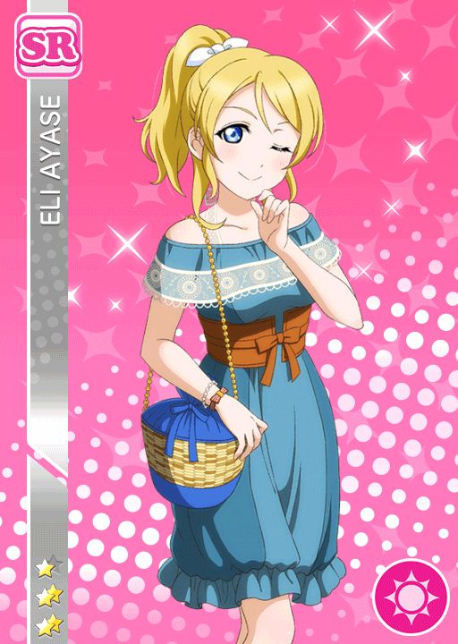 1girl ayase_eli blonde_hair blue_eyes blush character_name dress long_hair looking_at_viewer love_live!_school_idol_festival love_live!_school_idol_project smile solo wink