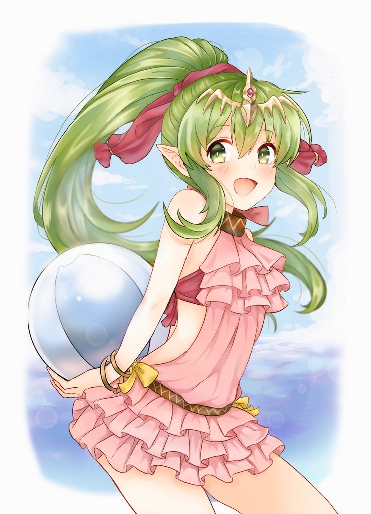 1girl akina_(akn_646) chiki fire_emblem fire_emblem:_mystery_of_the_emblem fire_emblem_heroes green_eyes green_hair long_hair looking_at_viewer mamkute open_mouth pointy_ears ponytail solo swimsuit tiara water wings