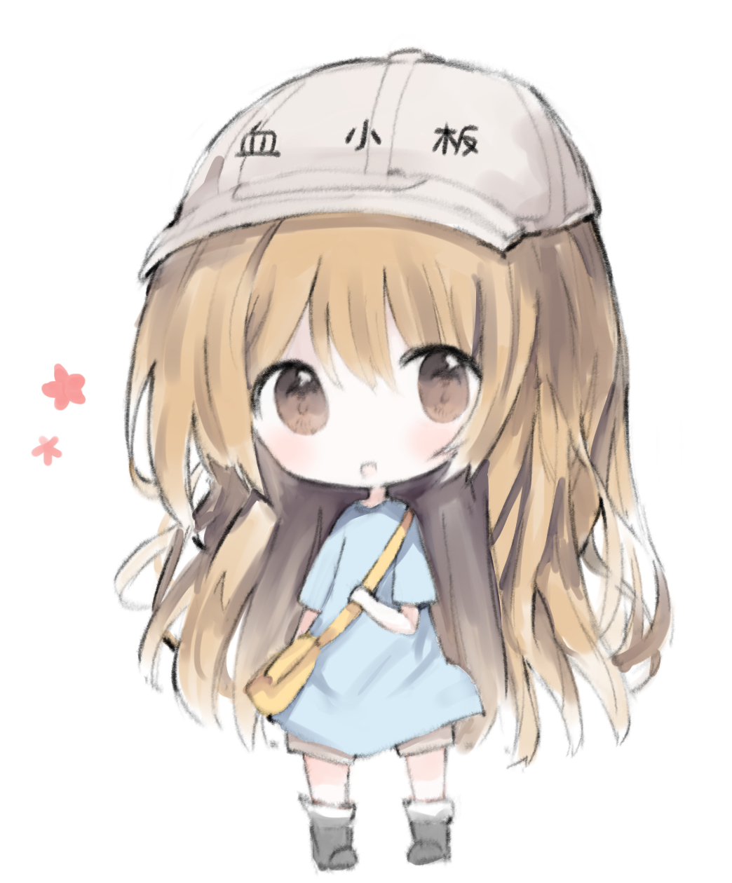 1girl :d bag bangs black_footwear blue_shirt blush boots brown_eyes brown_shorts character_name chibi commentary_request cottontailtokki flat_cap full_body grey_hat hair_between_eyes hat hataraku_saibou highres light_brown_hair long_hair looking_at_viewer open_mouth pigeon-toed platelet_(hataraku_saibou) shirt short_shorts short_sleeves shorts shoulder_bag smile solo standing very_long_hair white_background