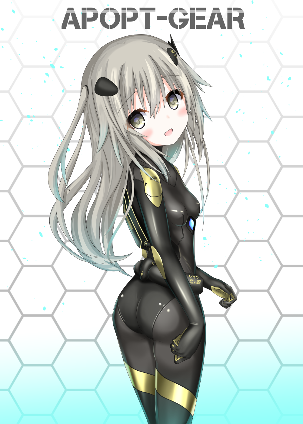 1girl ass black_bodysuit blush bodysuit breasts from_behind grey_eyes grey_hair highres langley1000 long_hair looking_back open_mouth original pilot_suit skin_tight small_breasts smile solo tight