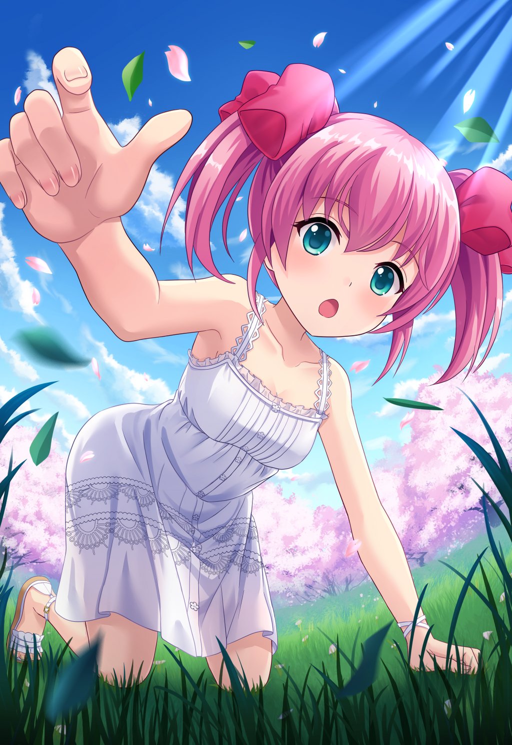 1girl alternative_girls aqua_eyes arm_support bangs bare_shoulders blue_sky blurry_foreground blush bow bracelet breasts buttons cherry_blossoms clouds cloudy_sky collarbone day dress eyebrows_visible_through_hair fingernails grass hair_bow highres jewelry kneeling leaf looking_at_viewer mano_sakurako medium_breasts official_art open_mouth outdoors pink_bow pink_hair pink_petals sky twintails white_dress