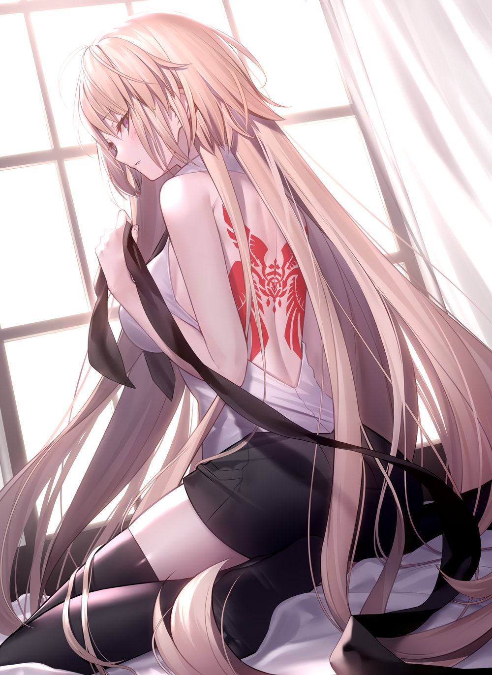 1girl ahoge ass back_tattoo bare_shoulders bed_sheet black_legwear black_ribbon black_shorts blonde_hair blue_eyes blush commentary fate/apocrypha fate/grand_order fate_(series) highres holding holding_ribbon indoors jeanne_d'arc_(fate) jeanne_d'arc_(fate)_(all) long_hair looking_at_viewer looking_back ribbon shinooji shirt shorts sitting sleeveless sleeveless_shirt tattoo thigh-highs very_long_hair white_shirt window