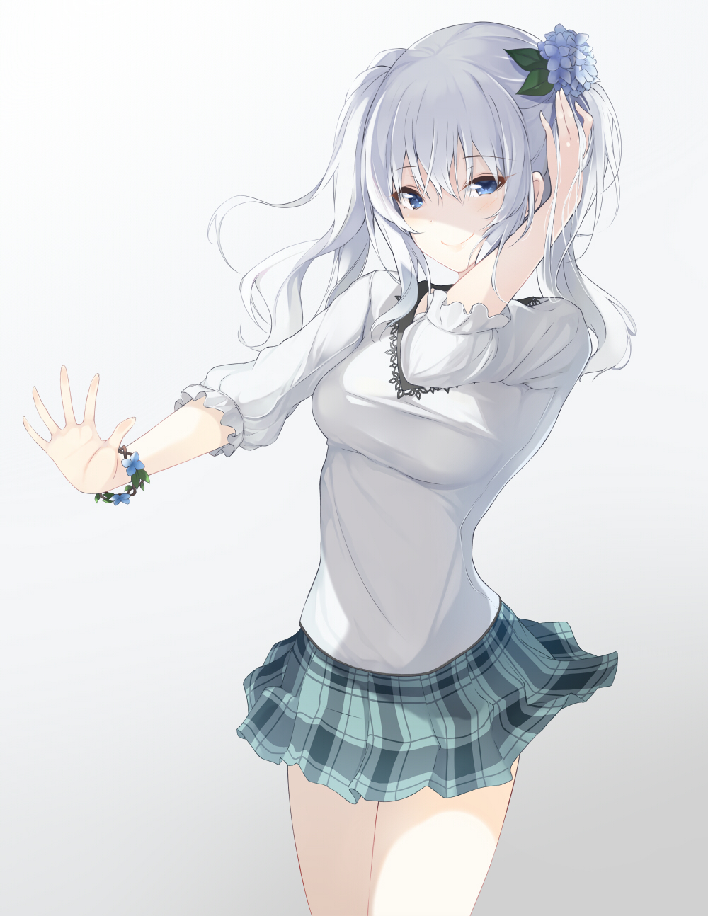 1girl alternate_costume blue_eyes casual commentary_request cowboy_shot flower flower_bracelet gradient gradient_background grey_background grey_hair hair_flower hair_ornament highres inushi kantai_collection kashima_(kantai_collection) long_hair looking_at_viewer plaid plaid_skirt sidelocks skirt smile solo twintails
