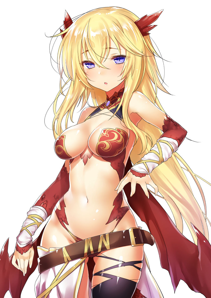 1girl 47agdragon :o asymmetrical_legwear bangs bare_shoulders belt_buckle black_legwear blonde_hair blue_eyes blush breasts brown_belt buckle closed_mouth dragon_horns eyebrows_visible_through_hair fingernails hair_between_eyes highres horns long_hair looking_at_viewer medium_breasts navel original parted_lips revealing_clothes simple_background single_thighhigh solo thigh-highs very_long_hair white_background