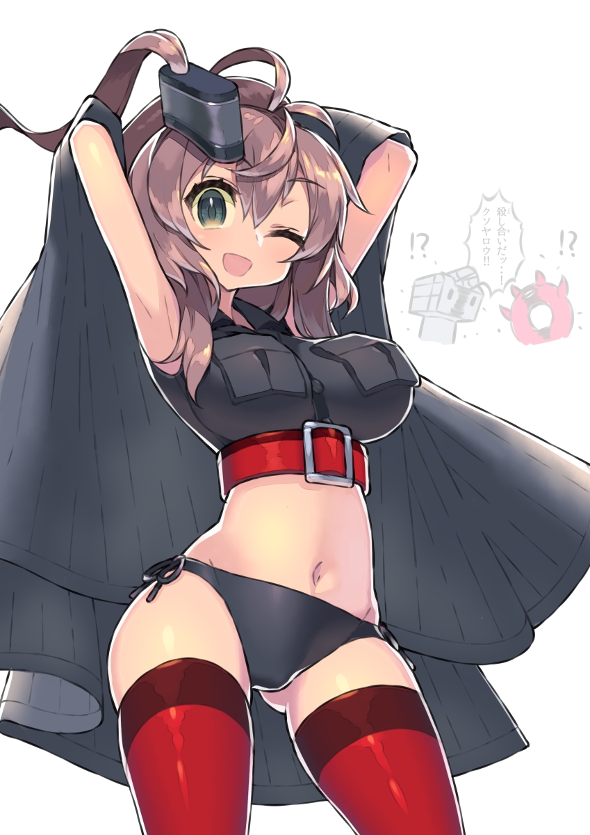 1girl adapted_costume arms_behind_head black_panties breast_pocket brown_hair commentary_request cowboy_shot enemy_lifebuoy_(kantai_collection) grey_eyes hair_between_eyes highres itsumo_nokoru kantai_collection looking_at_viewer midriff navel one_eye_closed open_mouth panties pocket ponytail red_legwear remodel_(kantai_collection) rensouhou-chan saratoga_(kantai_collection) side-tie_panties side_ponytail sidelocks simple_background skirt skirt_removed smile smokestack solo tank_top thigh-highs transparent_background underwear white_background