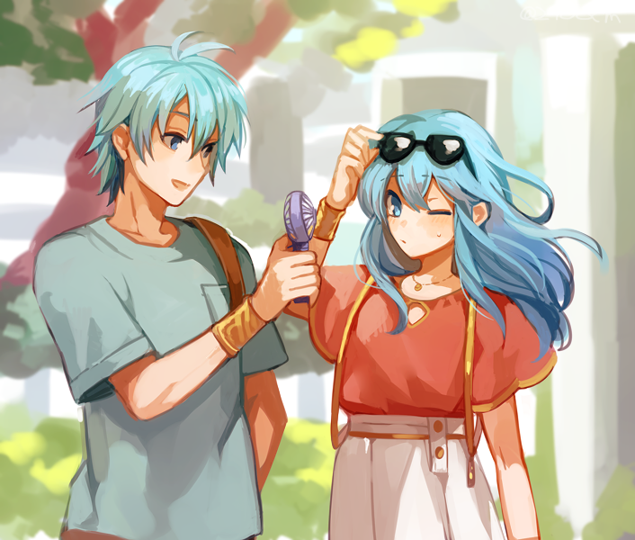 1boy 1girl 2900cm aqua_hair bag blue_eyes bracer brother_and_sister commentary_request cute eirika ephraim eyewear_on_head fan fire_emblem fire_emblem:_seima_no_kouseki fire_emblem:_the_sacred_stones fire_emblem_8 fire_emblem_heroes green_hair green_shirt holding holding_fan intelligent_systems long_hair moe nintendo one_eye_closed open_mouth outdoors pink_shirt shirt short_hair short_sleeves shoulder_bag siblings skirt spring_(season) super_smash_bros. suspender_skirt suspenders tree white_skirt