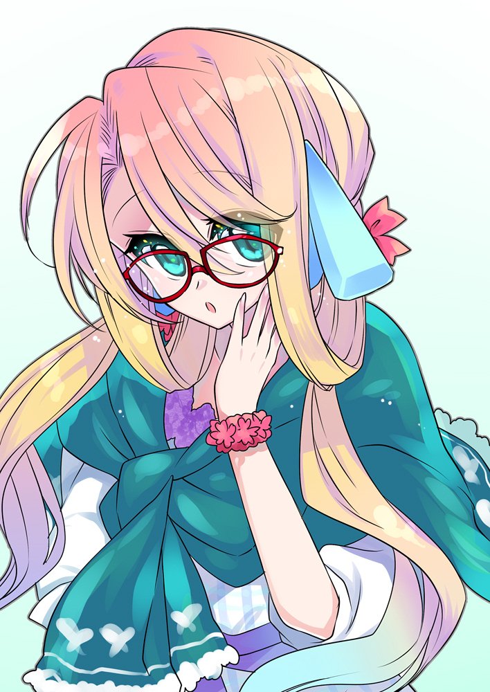 1girl blonde_hair blue_eyes glasses gradient gradient_background gradient_hair green_background hand_on_own_cheek haruno_sora long_hair looking_at_viewer multicolored_hair red-framed_eyewear simple_background solo trpg01 upper_body vocaloid voiceroid