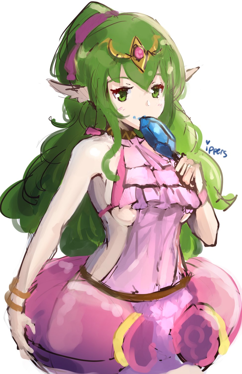 1girl artist_name bracelet chiki chiki_(cosplay) cosplay fire_emblem fire_emblem:_kakusei fire_emblem:_mystery_of_the_emblem fire_emblem_heroes food green_eyes green_hair hair_ribbon highres ippers jewelry long_hair mamkute pink_swimsuit pointy_ears ponytail popsicle ribbon simple_background solo swimsuit tiara white_background wristband
