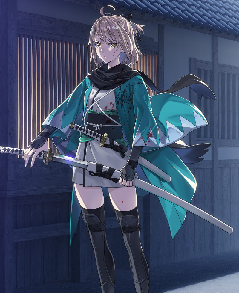 1girl ahoge arm_guards bangs black_bow black_scarf blood blood_on_face bloody_clothes bow brown_eyes closed_mouth commentary_request eyebrows_visible_through_hair fate/grand_order fate_(series) hair_bow haori holding holding_sheath holding_sword holding_weapon japanese_clothes katana kimono koha-ace light_brown_hair long_sleeves looking_at_viewer okita_souji_(fate) okita_souji_(fate)_(all) outdoors scarf sheath short_kimono solo standing sword v-shaped_eyebrows weapon white_kimono wide_sleeves yahako