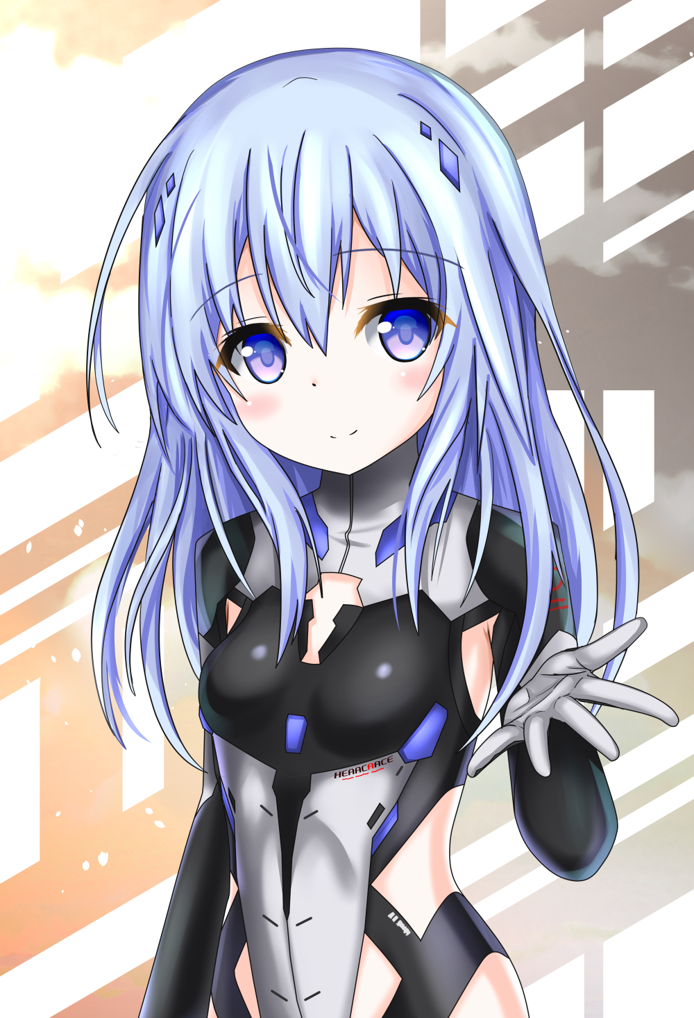 1girl arm_up beatless black_gloves black_leotard blue_eyes blue_hair bodysuit elbow_gloves gloves highres langley1000 leicia leotard long_hair looking_at_viewer outstretched_hand smile solo upper_body