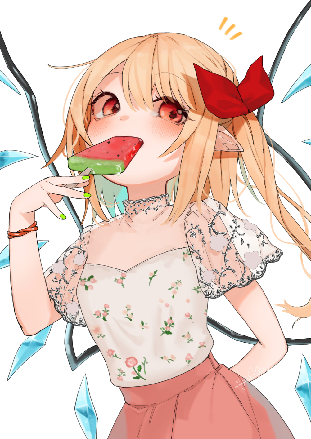 1girl alternate_costume artist_name blonde_hair blue_hair blush bow commentary_request crystal eating eyebrows_visible_through_hair fang flandre_scarlet floral_print food food_in_mouth gotoh510 gradient_hair green_nails hair_between_eyes hair_bow hand_up highres holding holding_food looking_at_viewer multicolored_hair nail_polish no_hat no_headwear one_side_up pink_skirt pointy_ears popsicle red_bow red_eyes shirt short_sleeves sidelocks signature skirt solo touhou transparent_sleeves upper_body watermelon_bar white_shirt wings