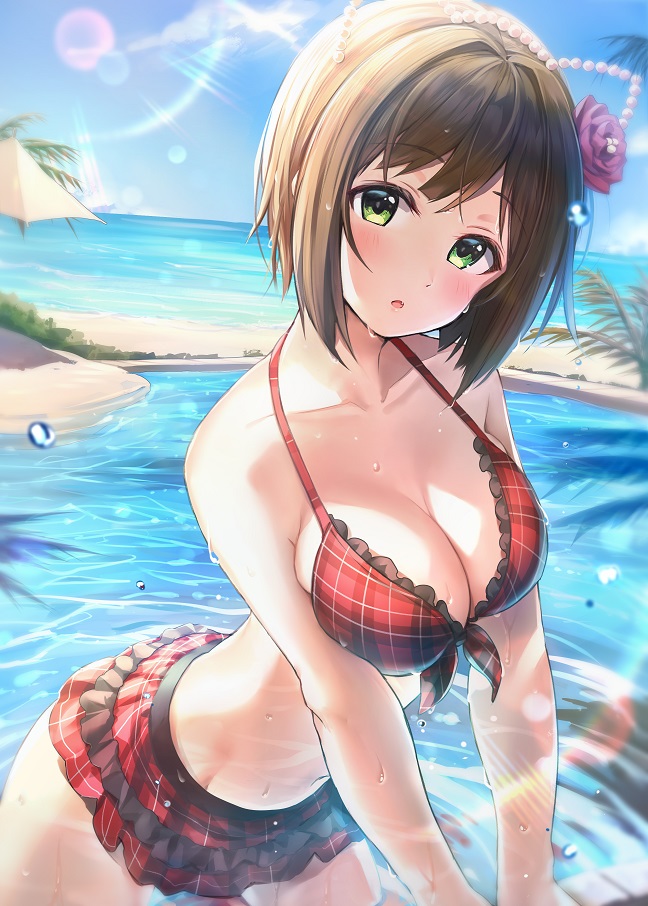 1girl animal_ears bangs bare_shoulders beach bikini blue_sky blush breasts brown_hair cat_ears cleavage collarbone flower green_eyes hair_flower hair_ornament hips idolmaster idolmaster_cinderella_girls large_breasts looking_at_viewer maekawa_miku miniskirt ocean parted_lips plaid plaid_bikini red_bikini short_hair skirt sky solo sunlight swept_bangs swimsuit takeashiro waist