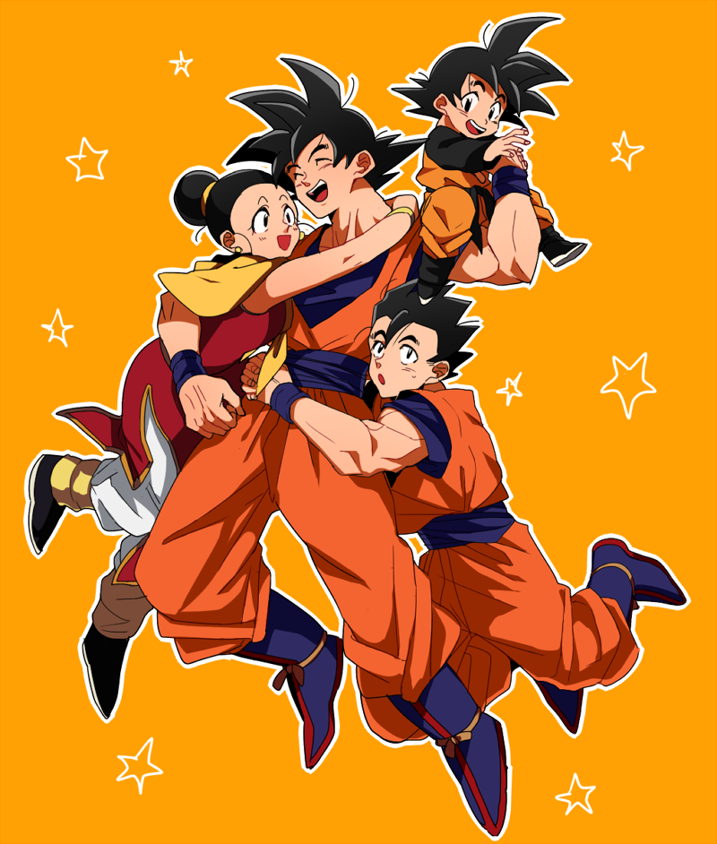 1girl 3boys :d :o ^_^ arms_around_neck black_eyes black_hair boots bracelet brothers chi-chi_(dragon_ball) chinese_clothes closed_eyes closed_eyes couple dougi dragon_ball dragonball_z earrings family father_and_son fingernails full_body hetero jewelry long_sleeves mother_and_son multiple_boys open_mouth orange_background short_hair siblings simple_background smile son_gohan son_gokuu son_goten spiky_hair star sweatdrop tied_hair wristband yunion_(sibujya)