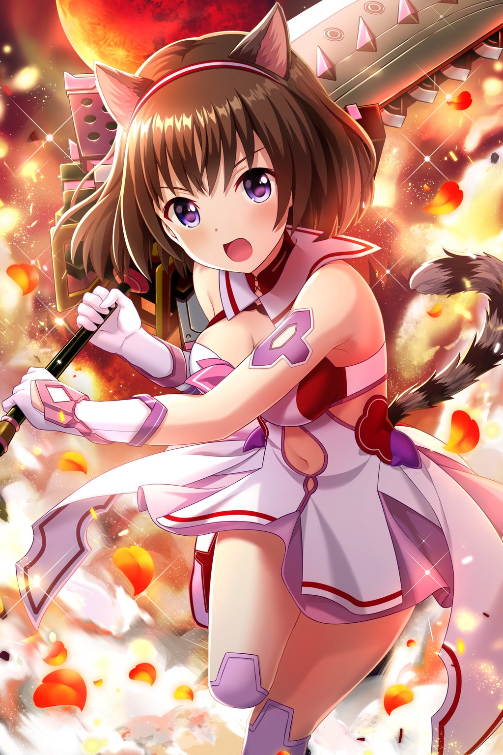 1girl alternative_girls animal_ears animal_tail armor asahina_nono bangs bare_shoulders belly belly_button blush boots breasts brown_hair cat_ears cat_tail cowboy_shot dress eyebrows gloves hairband highres holding holding_weapon large_breasts looking_at_viewer moon navel night night_sky official_art open_mouth red_moon red_petals short_hair sky tail thigh-highs thigh_boots thighs violet_eyes weapon white_dress white_footwear white_gloves