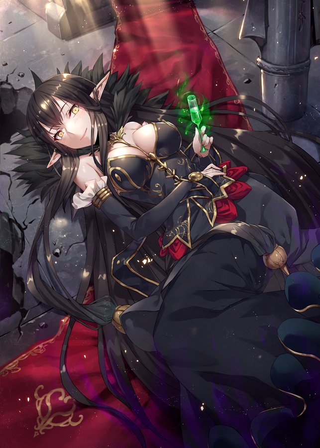 1girl absurdly_long_hair bare_shoulders black_dress black_hair breasts bridal_gauntlets cleavage commentary_request cup detached_sleeves dress drinking_glass fate/apocrypha fate/grand_order fate_(series) feathers fur_trim gabiran hair_between_eyes hand_on_hip holding holding_drinking_glass indoors large_breasts long_dress long_hair looking_at_viewer lying on_back pointy_ears poison red_carpet semiramis_(fate) smile very_long_hair yellow_eyes